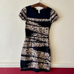 Diane von Furstenberg Black‎ Tan Silk Textured Fringe Bandage Dress Size 00 Mini